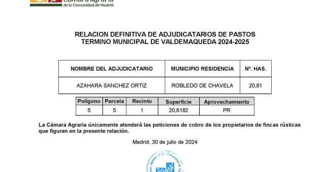 Relación definitiva de adjudicatarios de pastos término municipal de Valdemaqueda 2024-2025
